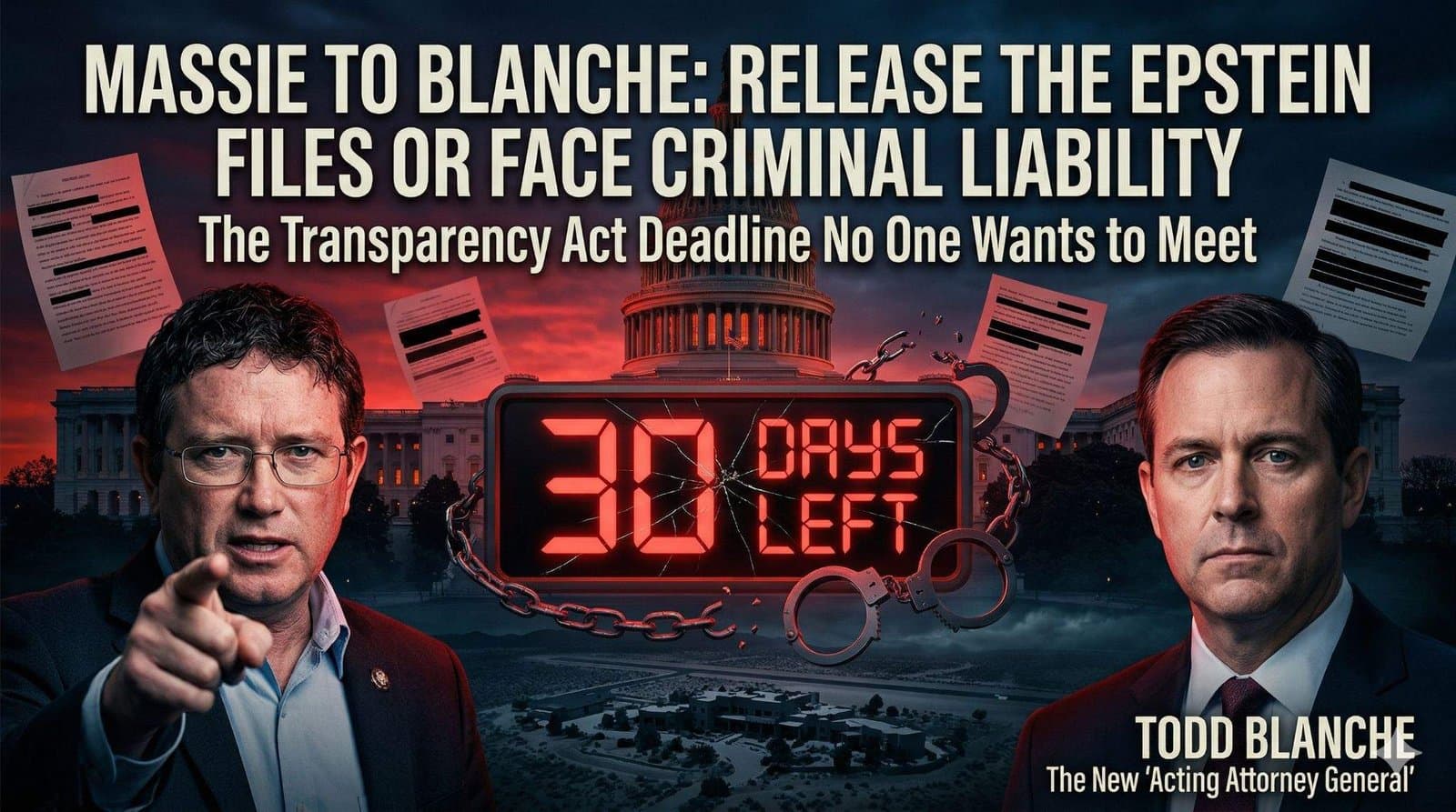 Rep. Thomas Massie to Acting AG Todd Blanche: Release the Rest of the Epstein Files in 30 Days or Face Criminal Liability – The Clock Is Ticking